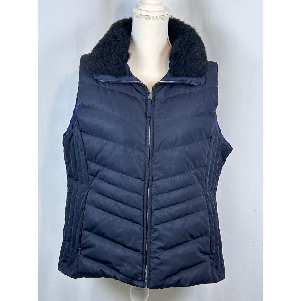 Talbots Navy Chevron Quilted Puffer Vest Faux Fur Collar‎ Womens XLP Full Zip